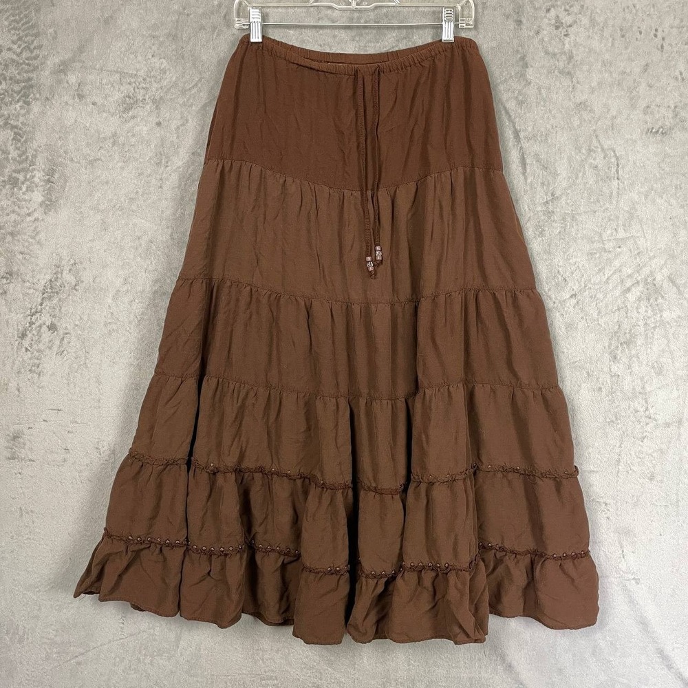 Brown Tiered Midi Skirt Large Rayon Boho Peasant Prairie Drawstring Ruffle